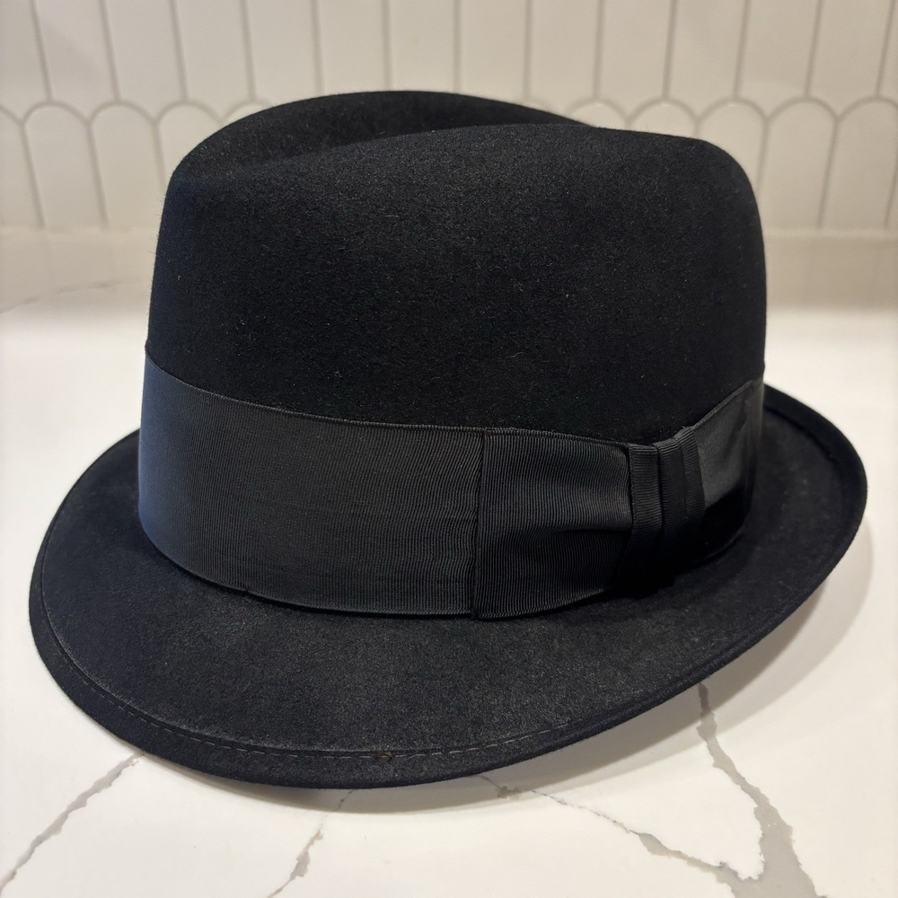 Vintage 1950s Royal Stetson Black Fur Felt Fedora Hat Size 7-1/8 Bound Brim EUC